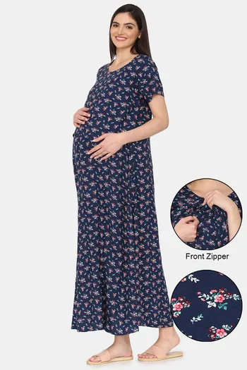 Buy Coucou Maternity Woven Full Length Nightdress With Front Zipper And Discreet Feeding - Navy Peony
